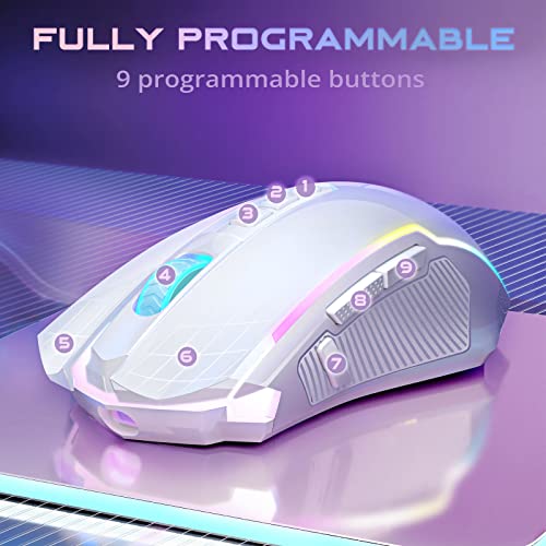 Redragon Gaming Maus Kabellose, RGB Wiederaufladbare Gaming-Maus mit 9 Macro Editing Programmierbare Tasten/8000 DPI, Ergonomische Wireless Gaming Maus, 70Hrs für PC/Mac Gamer, Weiß Bild 3
