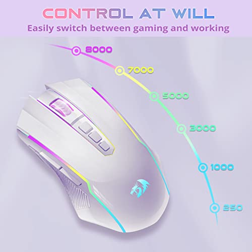 Redragon Gaming Maus Kabellose, RGB Wiederaufladbare Gaming-Maus mit 9 Macro Editing Programmierbare Tasten/8000 DPI, Ergonomische Wireless Gaming Maus, 70Hrs für PC/Mac Gamer, Weiß Bild 4