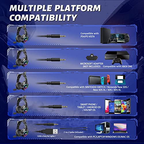 K9 3.5mm Wired Gaming Headset Removable Cat Ears Headphones Noise Canceling E-Sports Earphone mit Microphone RGB-LED-Lichtsteuerung Mute Mische für PS4 PC Laptop Smart PhoneJIANNI Bild 3