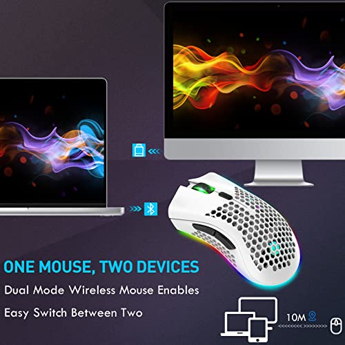 JYCSTE Bluetooth Gaming Maus, Light Honeycomb Maus mit RGB Hintergrundbeleuchtung, einstellbare DPI, Bluetooth 2.4G Wireless Rechargeable Ergonomic Optical Sensor Mouse (Dual Mode-White) Bild 2