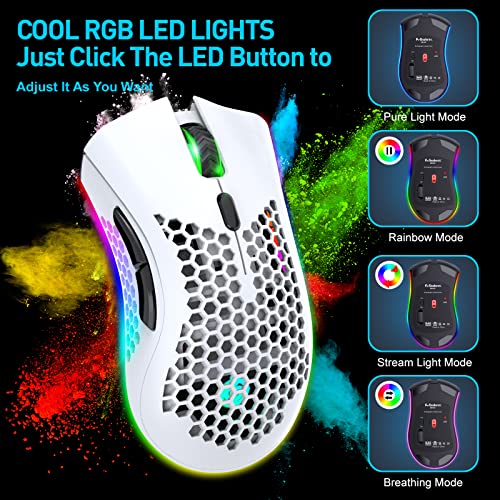 JYCSTE Bluetooth Gaming Maus, Light Honeycomb Maus mit RGB Hintergrundbeleuchtung, einstellbare DPI, Bluetooth 2.4G Wireless Rechargeable Ergonomic Optical Sensor Mouse (Dual Mode-White) Bild 4