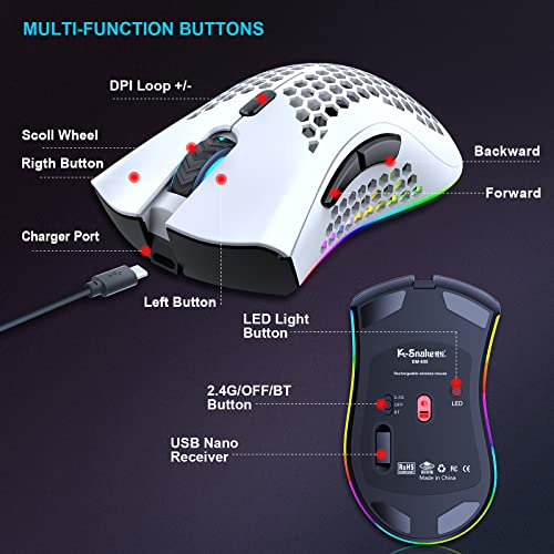 JYCSTE Bluetooth Gaming Maus, Light Honeycomb Maus mit RGB Hintergrundbeleuchtung, einstellbare DPI, Bluetooth 2.4G Wireless Rechargeable Ergonomic Optical Sensor Mouse (Dual Mode-White) Bild 6