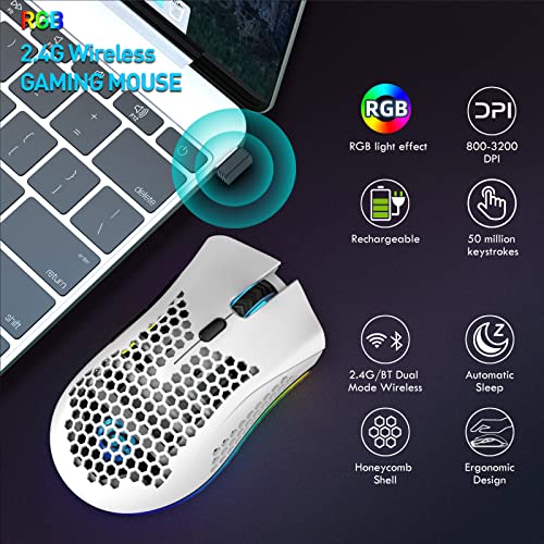 JYCSTE Bluetooth Gaming Maus, Light Honeycomb Maus mit RGB Hintergrundbeleuchtung, einstellbare DPI, Bluetooth 2.4G Wireless Rechargeable Ergonomic Optical Sensor Mouse (Dual Mode-White) Bild 7