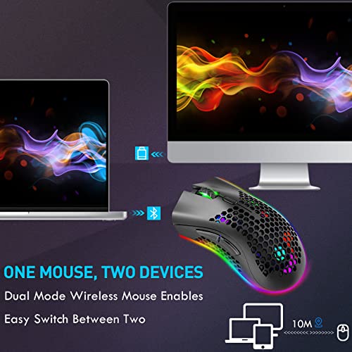 JYCSTE Bluetooth Gaming Maus, Light Honeycomb Maus mit RGB Hintergrundbeleuchtung, einstellbare DPI, Bluetooth 2.4G Wireless Rechargeable Ergonomic Optical Sensor Mouse (Dual Mode-Black) Bild 2