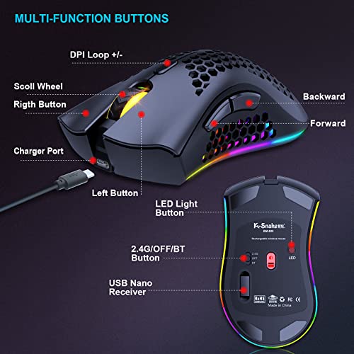 JYCSTE Bluetooth Gaming Maus, Light Honeycomb Maus mit RGB Hintergrundbeleuchtung, einstellbare DPI, Bluetooth 2.4G Wireless Rechargeable Ergonomic Optical Sensor Mouse (Dual Mode-Black) Bild 6
