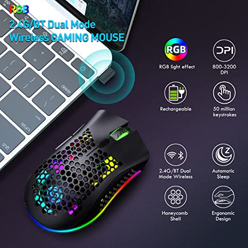 JYCSTE Bluetooth Gaming Maus, Light Honeycomb Maus mit RGB Hintergrundbeleuchtung, einstellbare DPI, Bluetooth 2.4G Wireless Rechargeable Ergonomic Optical Sensor Mouse (Dual Mode-Black) Bild 7