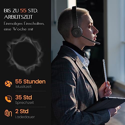 EKSA H16 Wireless Headset, Bluetooth 5.2 Headset mit Mikrofon & USB Dongle [Bis zu 55 Stdn & 15 Meter Reichweite] Kopfhörer Kabellos mit AI Noise Cancelling Mic für PC Skype Zoom Laptop BüroTelefon Bild 3