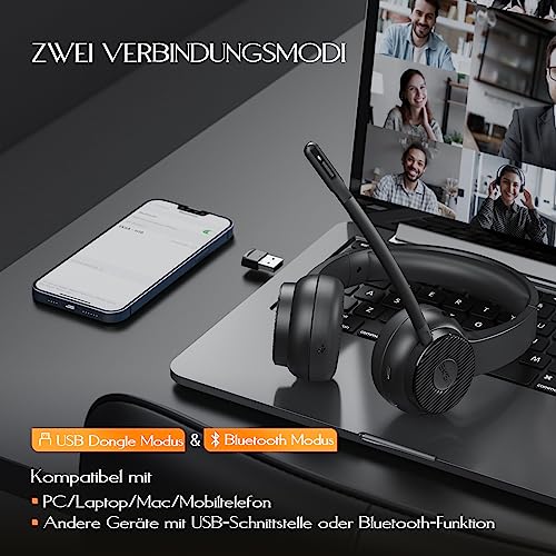 EKSA H16 Wireless Headset, Bluetooth 5.2 Headset mit Mikrofon & USB Dongle [Bis zu 55 Stdn & 15 Meter Reichweite] Kopfhörer Kabellos mit AI Noise Cancelling Mic für PC Skype Zoom Laptop BüroTelefon Bild 4