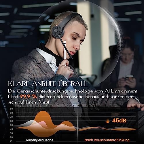 EKSA H16 Wireless Headset, Bluetooth 5.2 Headset mit Mikrofon & USB Dongle [Bis zu 55 Stdn & 15 Meter Reichweite] Kopfhörer Kabellos mit AI Noise Cancelling Mic für PC Skype Zoom Laptop BüroTelefon Bild 5
