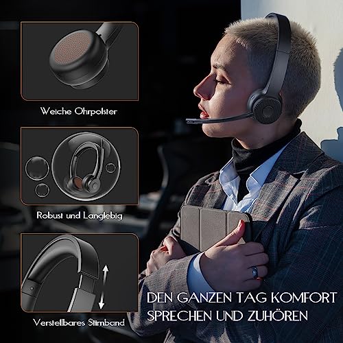 EKSA H16 Wireless Headset, Bluetooth 5.2 Headset mit Mikrofon & USB Dongle [Bis zu 55 Stdn & 15 Meter Reichweite] Kopfhörer Kabellos mit AI Noise Cancelling Mic für PC Skype Zoom Laptop BüroTelefon Bild 6