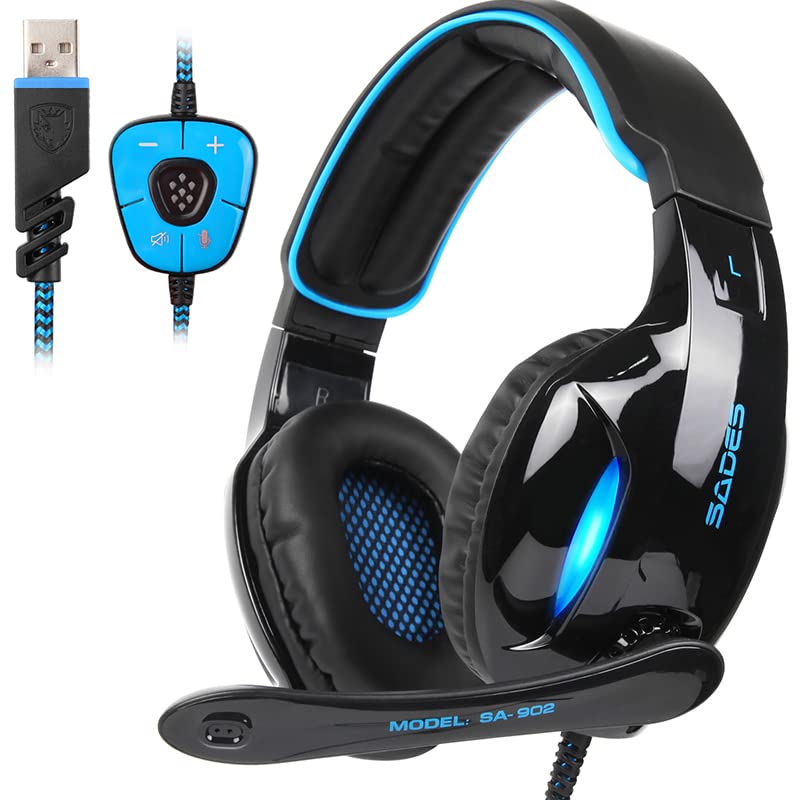 SADES SA902 Stereo Gaming Headset 7.1 USB Surround Sound PC Headsets Over-Ear Gaming Kopfhörer mit Mikrofon LED Licht Schwarz Blau Bild 1