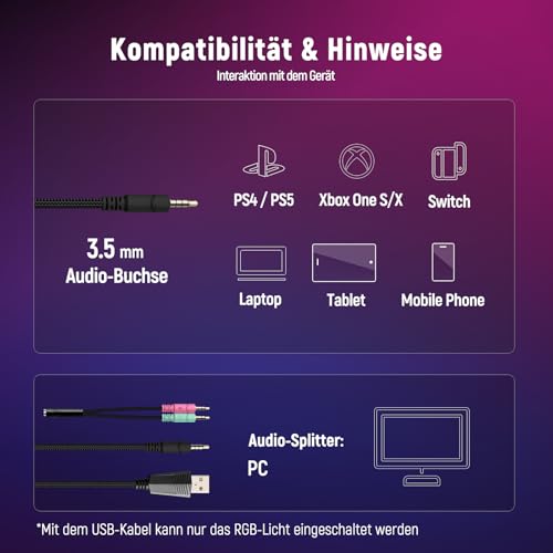 Ozeino Gaming Headset für Ps4/Ps5/Pc/Xbox 360 with 3D Surround Sound Headset mit Mikrofon Kopfhörer Noise Cancelling RGB Lichter for Gamer Bild 5