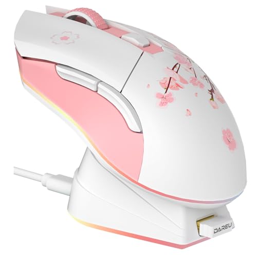 DAREU Sakura Pink Gaming Maus Kabellose mit Magnetic Charging Dock Wiederaufladbar RGB,12K DPI, 7 Programmierbare Tasten, Hochpräziser Sensor 300IPS 1000Hz für PC Notebook Mac Bild 1