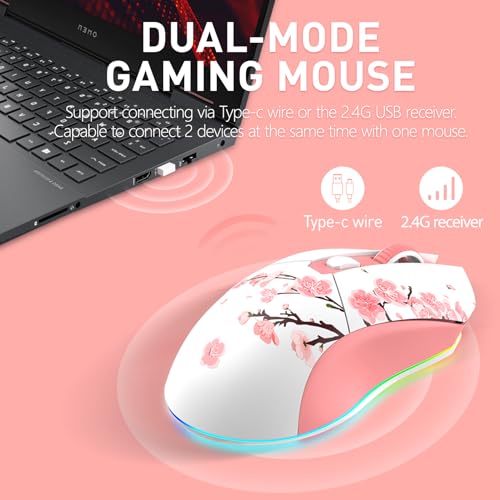 DAREU Sakura Pink Gaming Maus Kabellose mit Magnetic Charging Dock Wiederaufladbar RGB,12K DPI, 7 Programmierbare Tasten, Hochpräziser Sensor 300IPS 1000Hz für PC Notebook Mac Bild 3