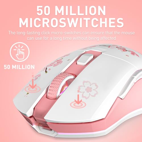 DAREU Sakura Pink Gaming Maus Kabellose mit Magnetic Charging Dock Wiederaufladbar RGB,12K DPI, 7 Programmierbare Tasten, Hochpräziser Sensor 300IPS 1000Hz für PC Notebook Mac Bild 4