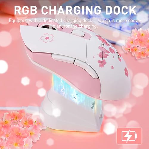 DAREU Sakura Pink Gaming Maus Kabellose mit Magnetic Charging Dock Wiederaufladbar RGB,12K DPI, 7 Programmierbare Tasten, Hochpräziser Sensor 300IPS 1000Hz für PC Notebook Mac Bild 6