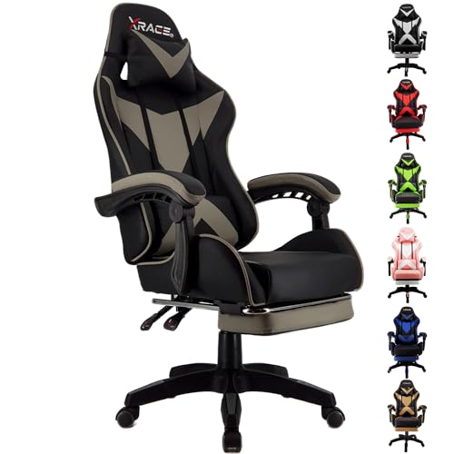 xRace Gaming Stuhl, Bürostuhl, Ergonomischer Pc Stuhl, Gaming Sessel aus Leder mit Lendenwirbelstütze, Verstellbarer Drehbarer, Task Stühle mit Fußstütze und Kopfstütze, Grau Bild 1