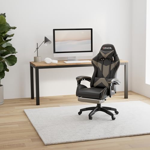 xRace Gaming Stuhl, Bürostuhl, Ergonomischer Pc Stuhl, Gaming Sessel aus Leder mit Lendenwirbelstütze, Verstellbarer Drehbarer, Task Stühle mit Fußstütze und Kopfstütze, Grau Bild 2