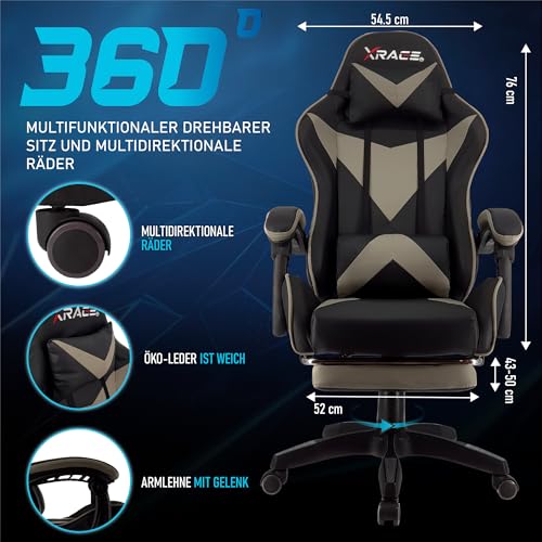 xRace Gaming Stuhl, Bürostuhl, Ergonomischer Pc Stuhl, Gaming Sessel aus Leder mit Lendenwirbelstütze, Verstellbarer Drehbarer, Task Stühle mit Fußstütze und Kopfstütze, Grau Bild 3