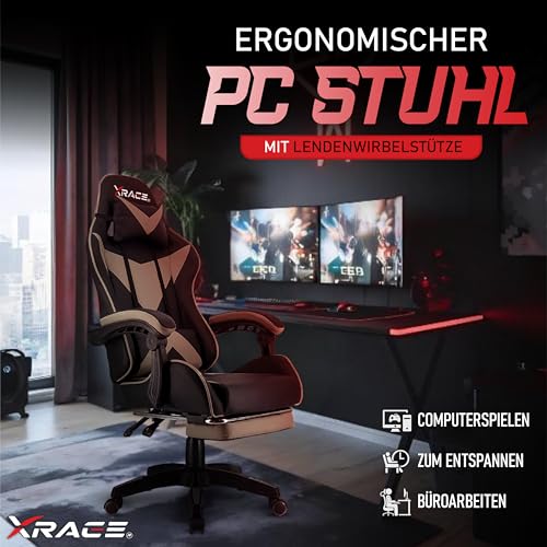 xRace Gaming Stuhl, Bürostuhl, Ergonomischer Pc Stuhl, Gaming Sessel aus Leder mit Lendenwirbelstütze, Verstellbarer Drehbarer, Task Stühle mit Fußstütze und Kopfstütze, Grau Bild 4