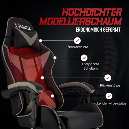 xRace Gaming Stuhl, Bürostuhl, Ergonomischer Pc Stuhl, Gaming Sessel aus Leder mit Lendenwirbelstütze, Verstellbarer Drehbarer, Task Stühle mit Fußstütze und Kopfstütze, Grau Bild 6