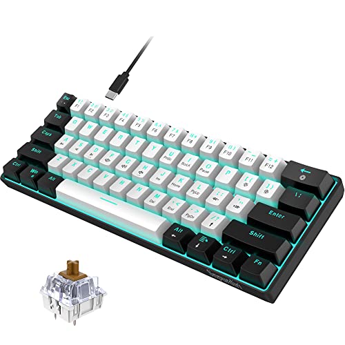 Snpurdiri 60% kabelgebundene mechanische Gaming-Tastatur, 61 Anti-Ghosting-Tasten, Blaue LED-Hintergrundbeleuchtung, ultrakompakte Zwei Ständer(Braune Schalter/Schwarz Weiß) Bild 1