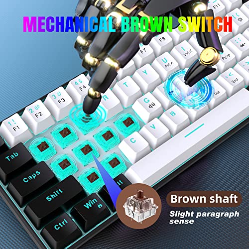 Snpurdiri 60% kabelgebundene mechanische Gaming-Tastatur, 61 Anti-Ghosting-Tasten, Blaue LED-Hintergrundbeleuchtung, ultrakompakte Zwei Ständer(Braune Schalter/Schwarz Weiß) Bild 2