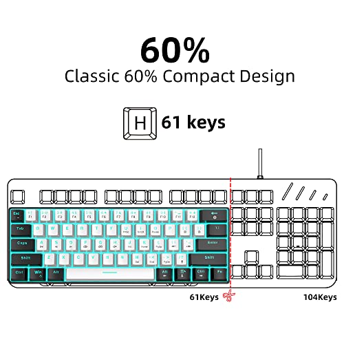 Snpurdiri 60% kabelgebundene mechanische Gaming-Tastatur, 61 Anti-Ghosting-Tasten, Blaue LED-Hintergrundbeleuchtung, ultrakompakte Zwei Ständer(Braune Schalter/Schwarz Weiß) Bild 5
