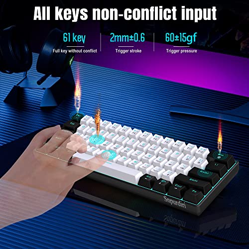 Snpurdiri 60% kabelgebundene mechanische Gaming-Tastatur, 61 Anti-Ghosting-Tasten, Blaue LED-Hintergrundbeleuchtung, ultrakompakte Zwei Ständer(Braune Schalter/Schwarz Weiß) Bild 6