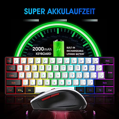Snpurdiri 60% Prozent Tastatur Maus Set Kabellos, Wireless Gaming Combo, Enthalten 2.4G Small Mini 60% Merchanical Feel Tastatur, Ergonomisches Design Vertical Feel Maus (Blackwhite) Bild 3