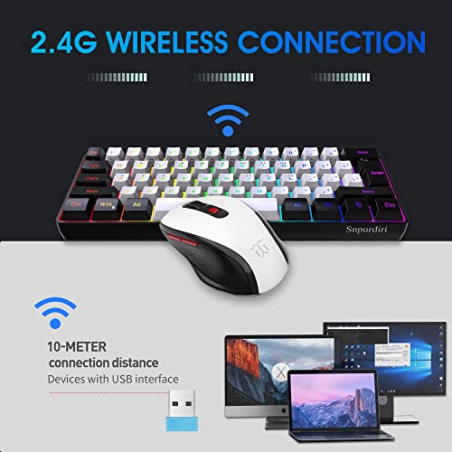 Snpurdiri 60% Prozent Tastatur Maus Set Kabellos, Wireless Gaming Combo, Enthalten 2.4G Small Mini 60% Merchanical Feel Tastatur, Ergonomisches Design Vertical Feel Maus (Blackwhite) Bild 5