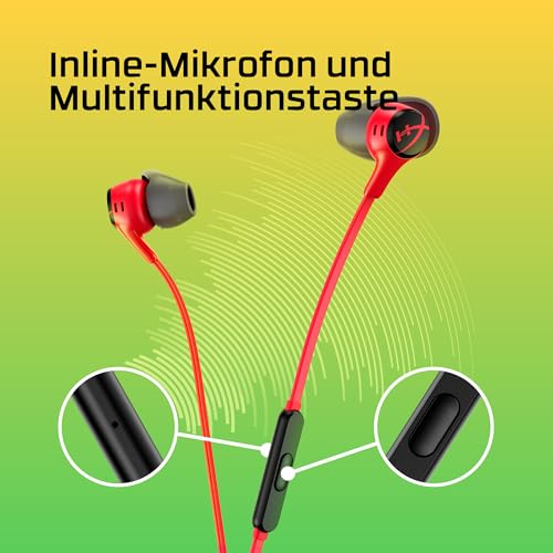 HyperX Cloud Earbuds II, Kabelgebundene Gaming-Ohrhörer, 14-mm-Treiber, Integriertes Mikrofon, 4 Ohrstöpsel-Größen, 3,5-mm-Anschluss, inkl. Hartschalenetui, für PC, Konsole, Mobilgeräten, Rot Bild 2