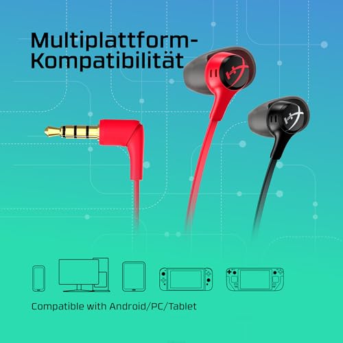 HyperX Cloud Earbuds II, Kabelgebundene Gaming-Ohrhörer, 14-mm-Treiber, Integriertes Mikrofon, 4 Ohrstöpsel-Größen, 3,5-mm-Anschluss, inkl. Hartschalenetui, für PC, Konsole, Mobilgeräten, Rot Bild 6