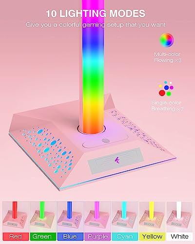 Hcman Headset Halterung Gaming Kopfhörer Ständer RGB Kopfhörer Halter mit 2 USB Anschlüssen, LED Headphone Stand Kopfhörerständer für PC Gamer, Rosa Bild 2