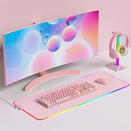 Hcman Headset Halterung Gaming Kopfhörer Ständer RGB Kopfhörer Halter mit 2 USB Anschlüssen, LED Headphone Stand Kopfhörerständer für PC Gamer, Rosa Bild 3