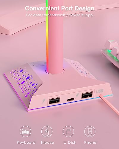 Hcman Headset Halterung Gaming Kopfhörer Ständer RGB Kopfhörer Halter mit 2 USB Anschlüssen, LED Headphone Stand Kopfhörerständer für PC Gamer, Rosa Bild 4