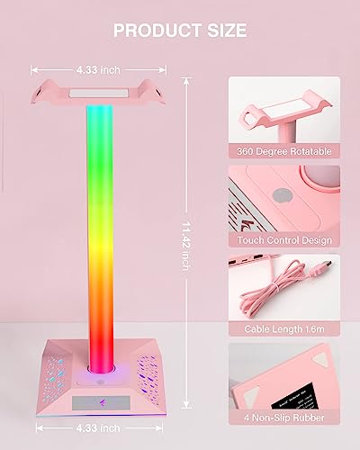 Hcman Headset Halterung Gaming Kopfhörer Ständer RGB Kopfhörer Halter mit 2 USB Anschlüssen, LED Headphone Stand Kopfhörerständer für PC Gamer, Rosa Bild 5