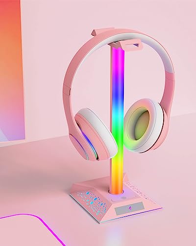 Hcman Headset Halterung Gaming Kopfhörer Ständer RGB Kopfhörer Halter mit 2 USB Anschlüssen, LED Headphone Stand Kopfhörerständer für PC Gamer, Rosa Bild 6