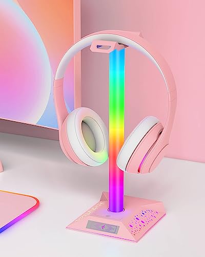 Hcman Headset Halterung Gaming Kopfhörer Ständer RGB Kopfhörer Halter mit 2 USB Anschlüssen, LED Headphone Stand Kopfhörerständer für PC Gamer, Rosa Bild 7