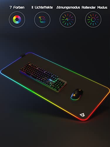 RGB Gaming Mauspad XXL (900x400x4mm), wasserdichte Schreibtischunterlage mit 11 LED-Lichteffekten, rutschfeste Gummibasis, Großes Mouse Pad für PC, Laptop, Tastatur und Büro Bild 2