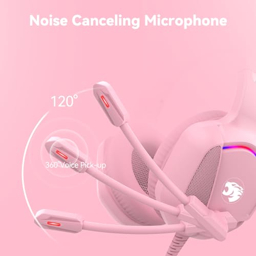 IMYB A36 Gaming Headset mit Mikrofon für Pc, Xbox One Series X/s, Ps4, Ps5, Switch, Stereo Surround Noise Cancelling kopfhörer mit Mic RGB Licht für Mac, Laptop, Nintendo, Gamer（Rosa） Bild 3