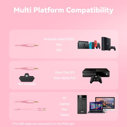 IMYB A36 Gaming Headset mit Mikrofon für Pc, Xbox One Series X/s, Ps4, Ps5, Switch, Stereo Surround Noise Cancelling kopfhörer mit Mic RGB Licht für Mac, Laptop, Nintendo, Gamer（Rosa） Bild 5