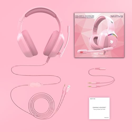 IMYB A36 Gaming Headset mit Mikrofon für Pc, Xbox One Series X/s, Ps4, Ps5, Switch, Stereo Surround Noise Cancelling kopfhörer mit Mic RGB Licht für Mac, Laptop, Nintendo, Gamer（Rosa） Bild 7