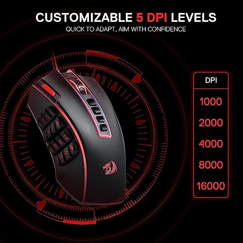 Redragon M990 MMO Gaming Maus, 32000 DPI Hochpräzise kabelgebundene RGB Maus mit 23 programmierbaren Tasten, 16 seitlichen Makrotasten, Softwareunterstützung, Aluminiumbasis Bild 4