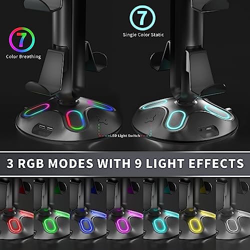 Gaming RGB Kopfhörerständer, Controller-Halterung mit 9 Lichtmodi – Headset-Ständer mit 2 USB-Ladeanschlüssen und 3,5 mm & Typ-C – Controller-Ständer Aufhänger Zubehör für Schreibtisch und Bild 2