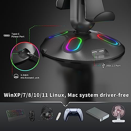 Gaming RGB Kopfhörerständer, Controller-Halterung mit 9 Lichtmodi – Headset-Ständer mit 2 USB-Ladeanschlüssen und 3,5 mm & Typ-C – Controller-Ständer Aufhänger Zubehör für Schreibtisch und Bild 3