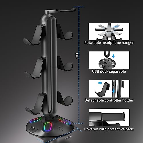 Gaming RGB Kopfhörerständer, Controller-Halterung mit 9 Lichtmodi – Headset-Ständer mit 2 USB-Ladeanschlüssen und 3,5 mm & Typ-C – Controller-Ständer Aufhänger Zubehör für Schreibtisch und Bild 4