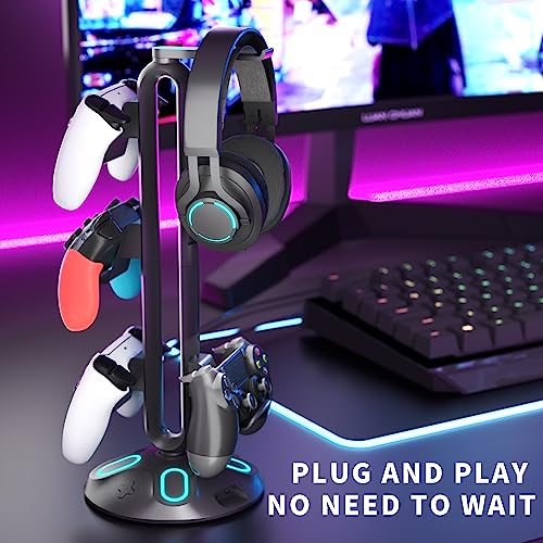 Gaming RGB Kopfhörerständer, Controller-Halterung mit 9 Lichtmodi – Headset-Ständer mit 2 USB-Ladeanschlüssen und 3,5 mm & Typ-C – Controller-Ständer Aufhänger Zubehör für Schreibtisch und Bild 5