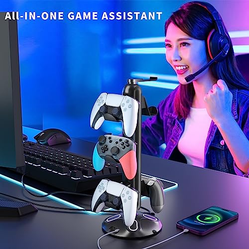 Gaming RGB Kopfhörerständer, Controller-Halterung mit 9 Lichtmodi – Headset-Ständer mit 2 USB-Ladeanschlüssen und 3,5 mm & Typ-C – Controller-Ständer Aufhänger Zubehör für Schreibtisch und Bild 6