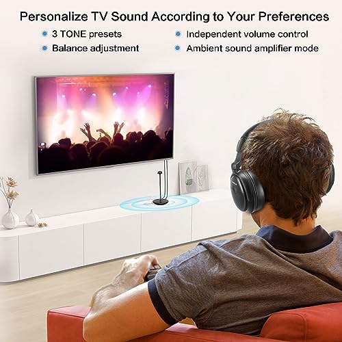 SIMOLIO Funkkopfhörer Kabellos für TV mit SenderLadestation, Digital Drahtlose Kopfhörer für Fernseher mit Klarem Dialog, Ersatzakku, Audio-Bypass, 2.4GHz TV-Kopfhörer (Kein Bluetooth) für Senioren Bild 3